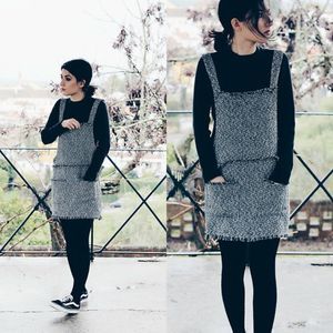 Black & White Knit Jumper Tweed Mini Dress Black White - Fringe/2 pockets